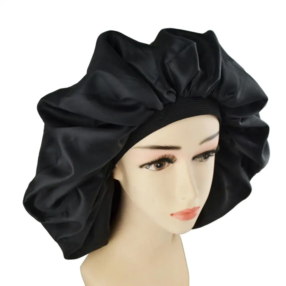 Super Big Size Beauty Salon Cap Satin Bannet Cap Sleep Night Cap Head Cover Bonnet Hat For For Curly Springy Hair Black Color