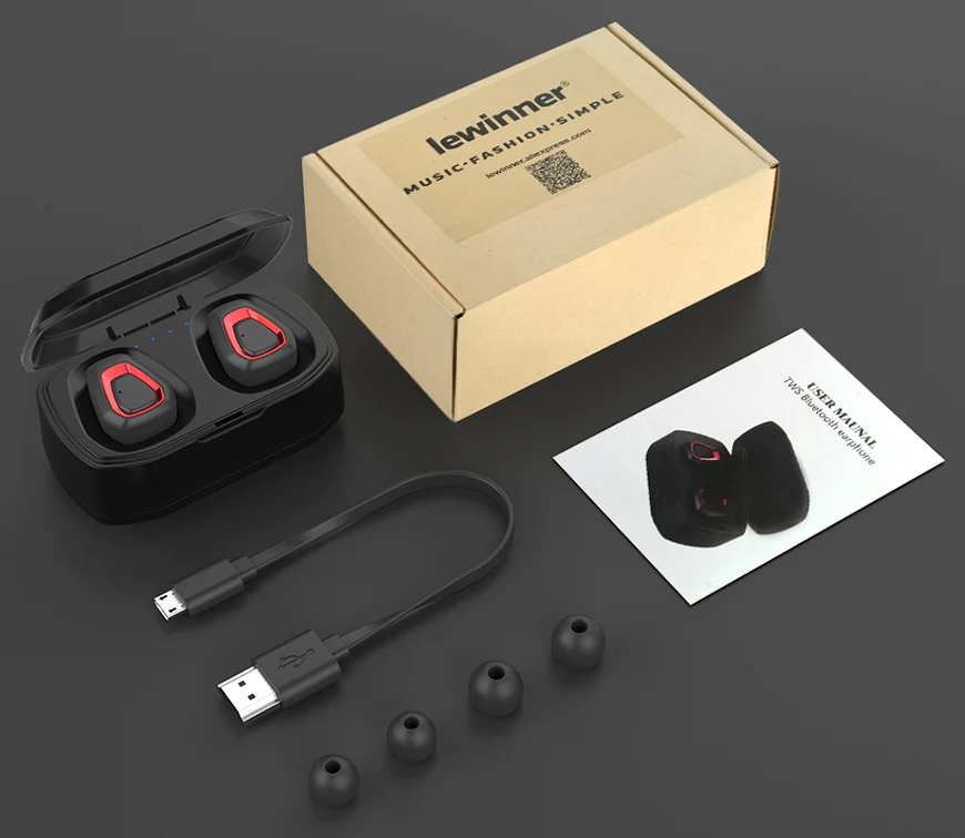 Lewinner, новинка, Bluetooth 5,0, Hifi наушники с двойным микрофоном, A7 TWS, беспроводные наушники, стерео микрофон для телефона с зарядным устройством - Цвет: Красный