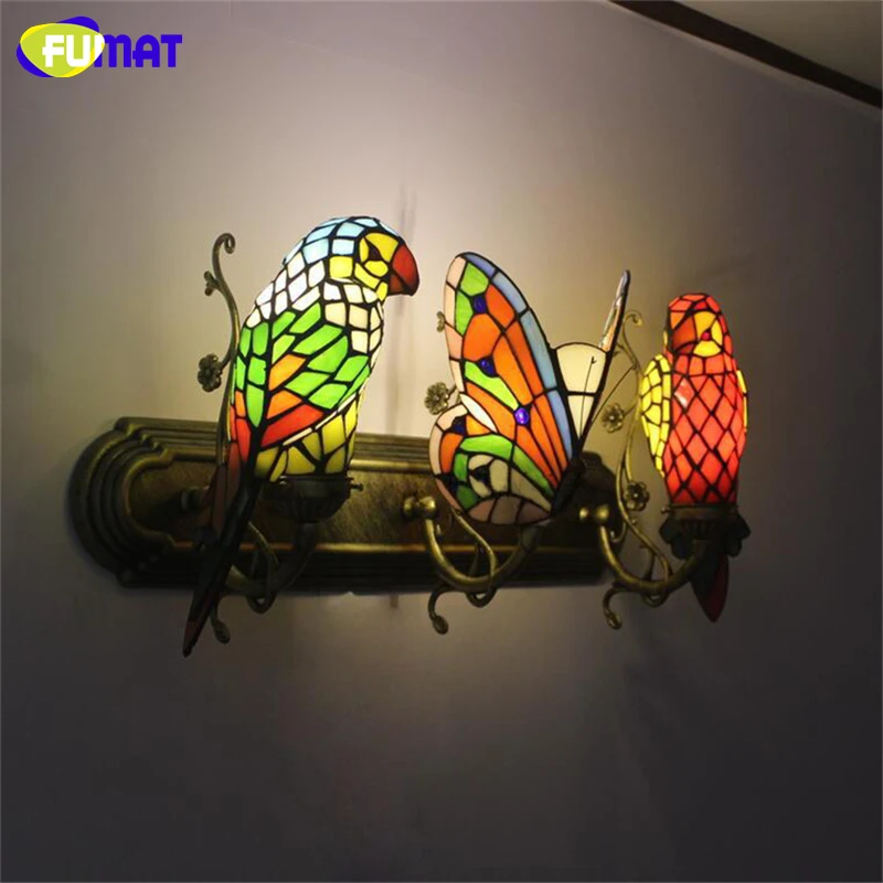 Lâmpada de Parede Feito à Mão Barra do Hotel Luz do Corredor Fumat Borboleta Arte Papagaio Vitrais Sombra Luzes Interior Arandela 5 Luzes e Iluminação