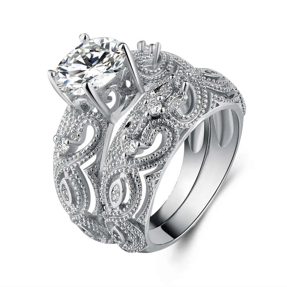 Из 2 предметов белый камень CZ кольцо устанавливает S925 стерлингов Серебряные кольца Свадебные Bague для Для женщин пара вечерние кольцо для