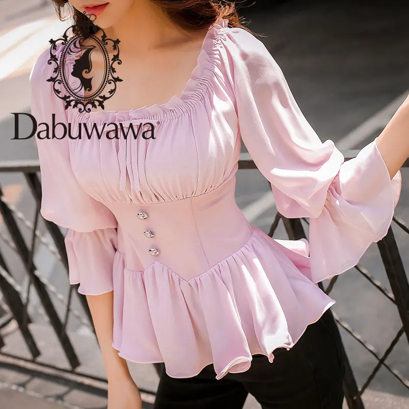 Dabuwawa осенние шифоновые блузки с открытыми плечами и оборками для девочек, женские новые розовые милые элегантные рубашки с расклешенными рукавами, топ D18CCF006