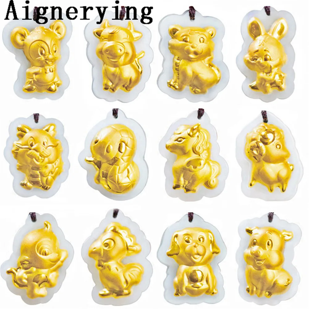 

24K Gold Mosaic Pendant Natural Jade with certificate box Dragon Rabbit Horse Snake Dog Pig Goat Monkey Mouse Necklace 1 pc