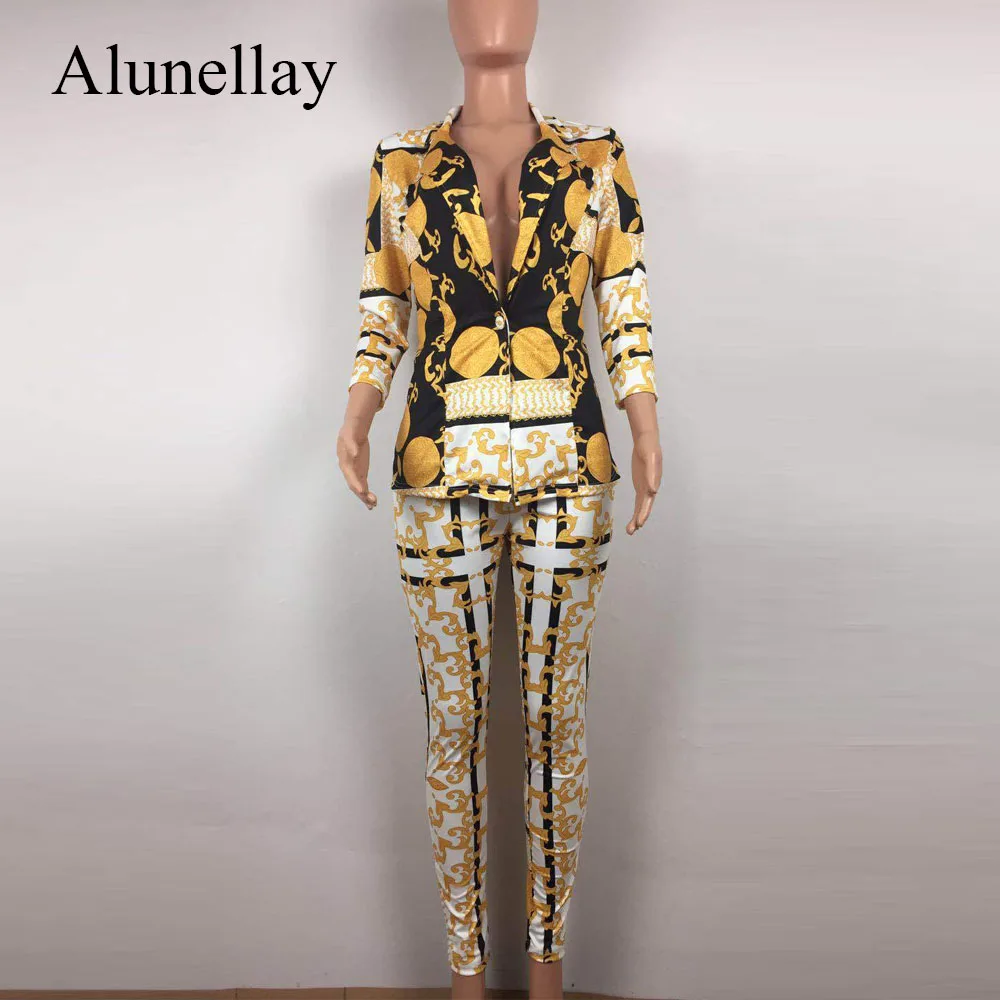 Alunellay Women 2 Piece Sets Printed Jumpsuit Wrist Sleeve Button Notched Collar Slim Bodycon Jumpsuit Women Sexy Club Playsuit