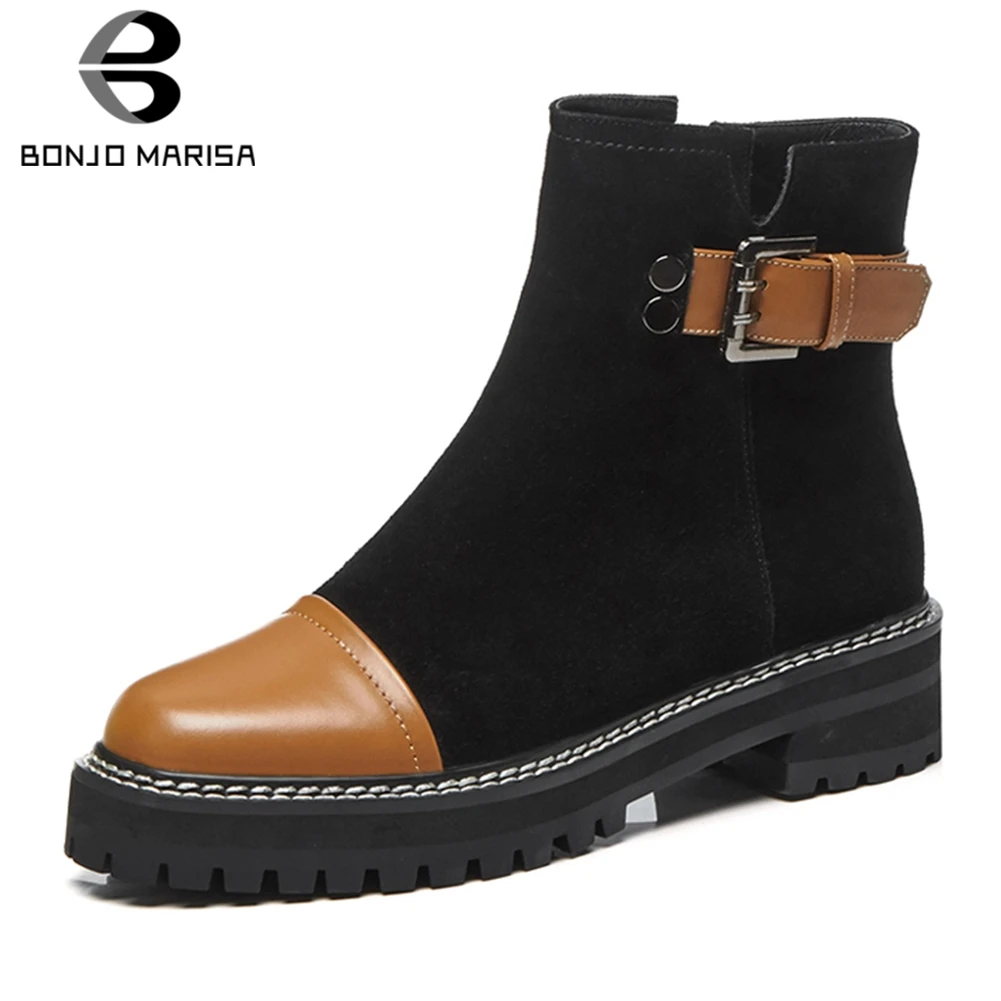 

BONJOMARISA 2020 New Quality Genuine Leather Platform Booties Women 2020 Autumn 33-41 Fashion Patchwork Med Heels Shoes Woman