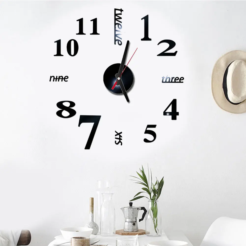 Современные Простые большие настенные часы 3D наклейки аксессуары для домашнего использования акриловое зеркало DIY цифровой дисплей дизайнерские часы спальня - Цвет: Черный