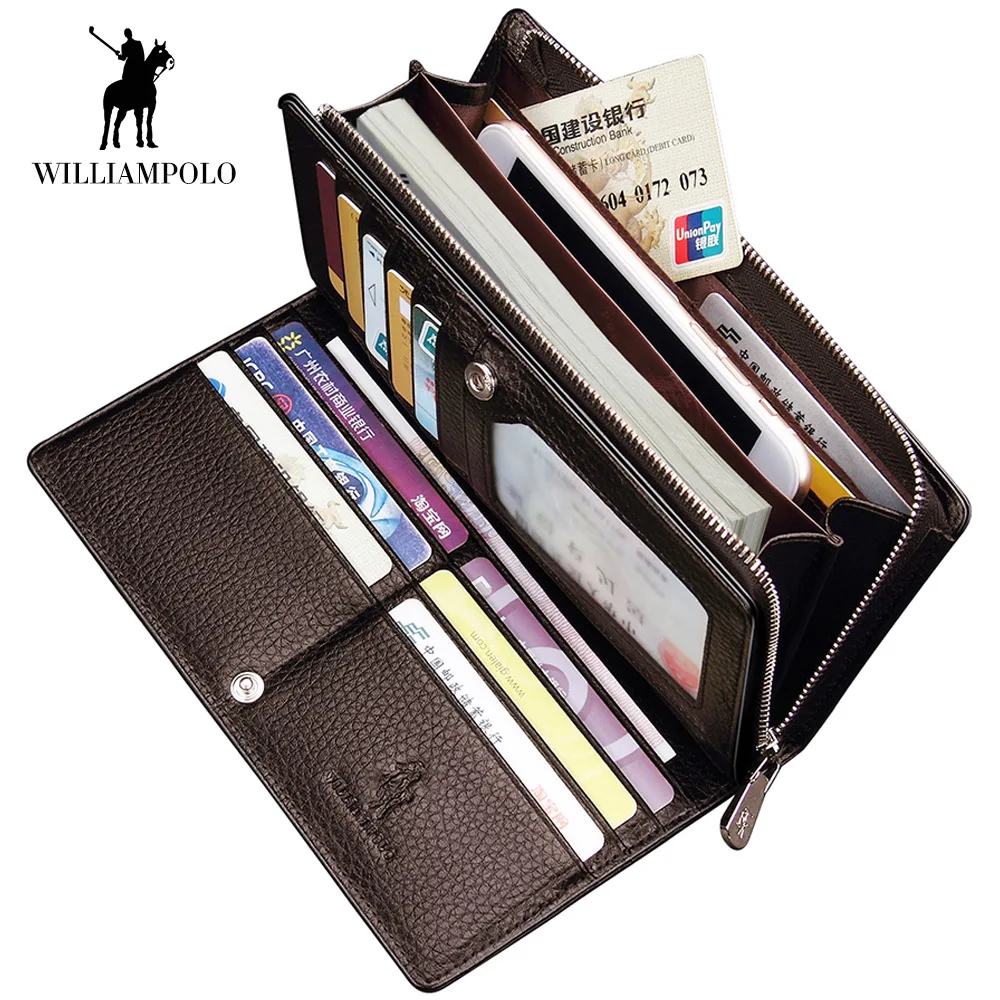 

WilliamPOLO Long Wallet Men's Genuine Leather Litchi Grain Clutch Metal Zipper Multiple Card Slots Phone Handbag Business Wallet