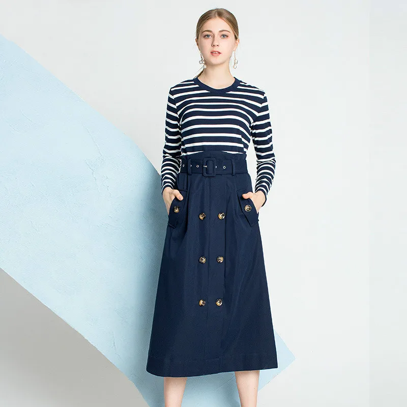 

Two Piece Set Women 2018 Autumn Fashion Casual Stripes Long Sleeved T Shirt + Mid-calf Slim Belted Skirt Suits Female S-XL
