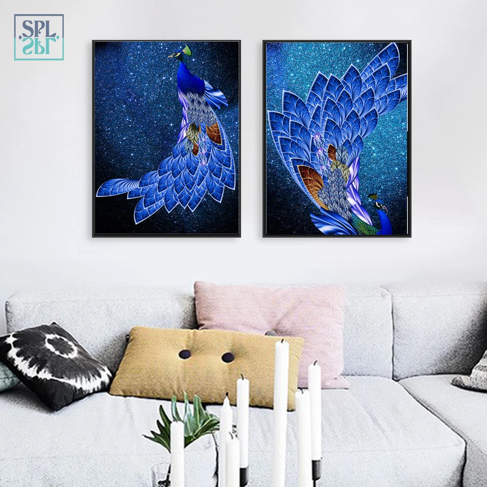 SPLSPL Blue Peacock Animals Canvas Art Print Poster and Painting Cuadros Decoracion Dormitorio Wall Picture for Living Room | Дом и сад