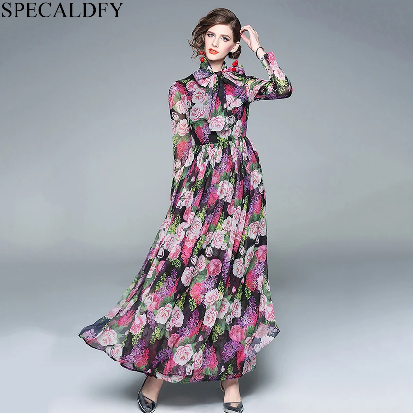 2019 High Quality Women Fashion Floral Print Chiffon Dress Runway ...