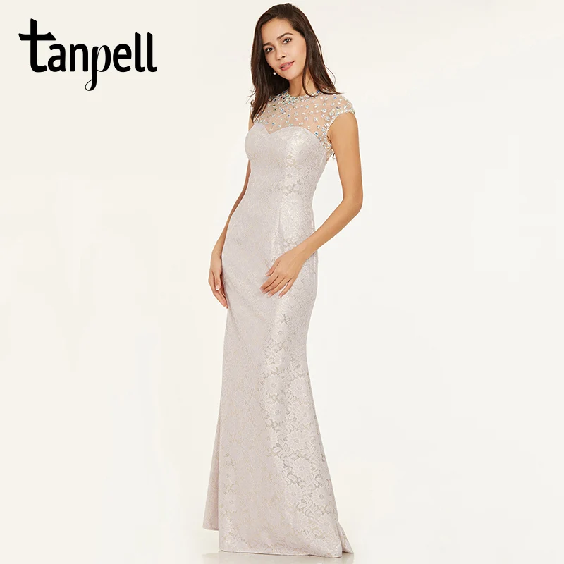 Vente Tanpell perlée dentelle robes de soirée ivoire scoop cou cap manches longueur de plancher robe pas cher femmes bal formel longue robe de soirée