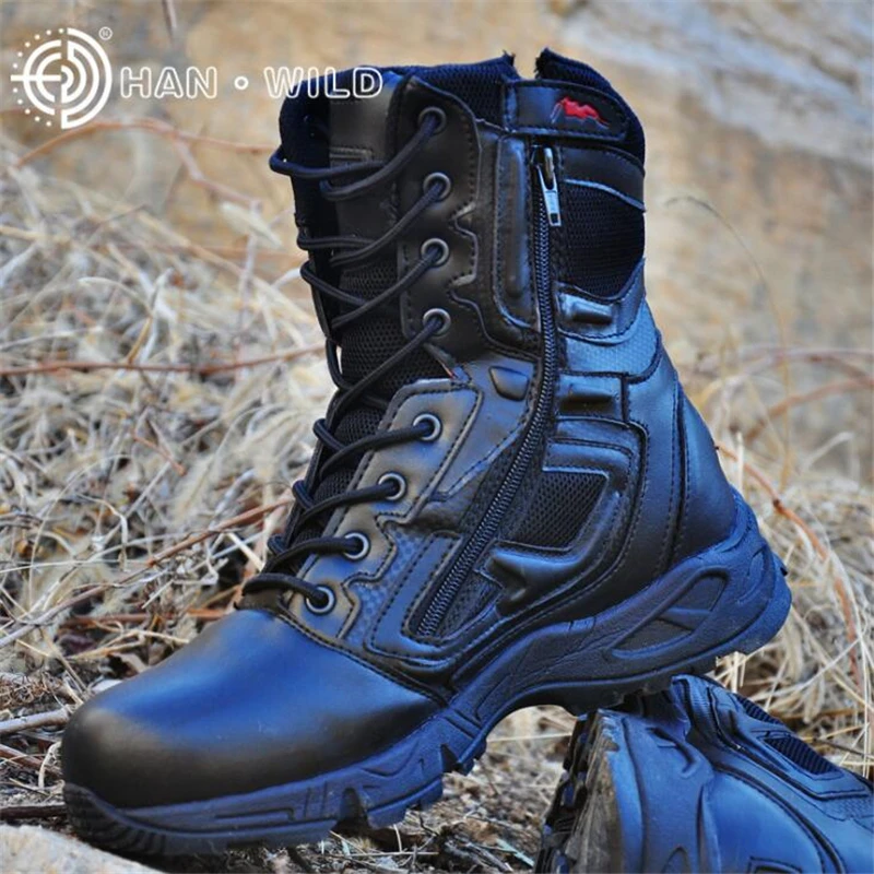 

Hot Full Season Military Uniform Boots Cowhide Genuine Leather Professional Tactical Desert Combat Boots High-top Hiking Shoes