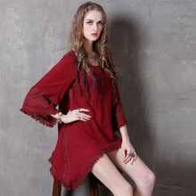 Винтажное, с этнической вышивкой свободное льняное хлопковое необычное платье Брендовое летнее повседневное Короткое женское платье Vestido Feminina OK