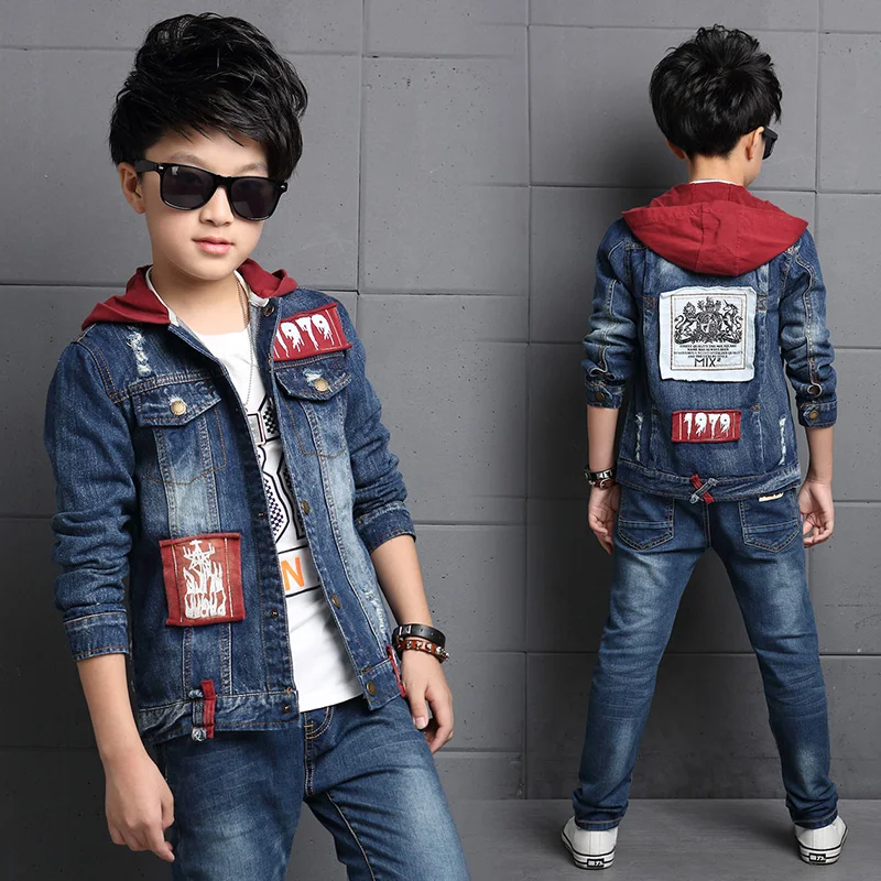 

2017 Autumn Big Kids Denim Outfits Fashion Children Suit Jeans Outwear 2 Pcs Boys Clothing Sets Jackets + Trousers 13 14 15 16