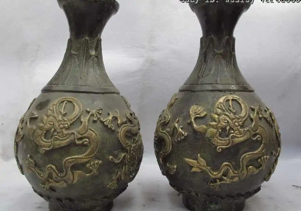 

10 China Royal Classical Copper Bronze Six Dragon Aquarius Bottle Pot Vase pair