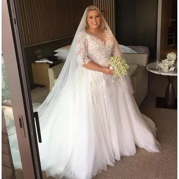 Half Sleeve Plus Size Wedding Dress Sheer Neck Flower Appliques Lace Tulle A Line Floor Length Bridal Gowns Custom Size