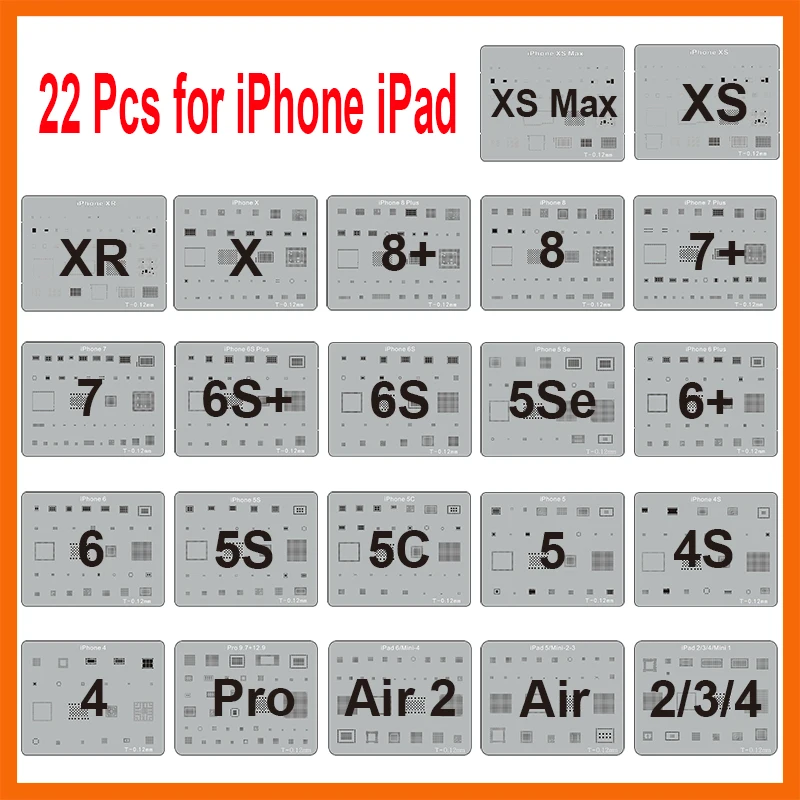 

Hot 22pcs/lot IC Chip BGA Reballing Stencil Kits Set Solder template for iphone XS Max XR X 8 7 6s 6 plus SE 5S iPad Motherboard