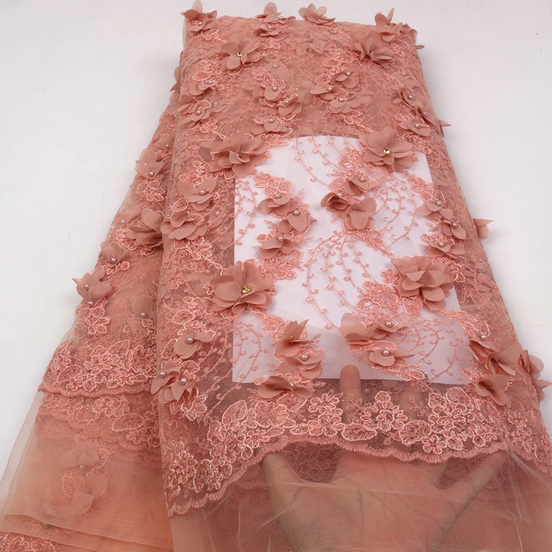 Баклажан французский тюль кружева ткани с бисером нигерийский 3D аппликация из цветов чистая тюль кружевная ткань для африканских платьев QF2416B-5