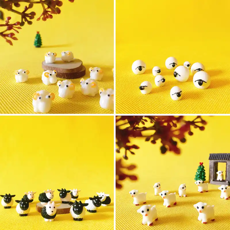 10 pces/pequena ovelha vaca/miniaturas/adorável bonito/jardim de fadas gnome/musgo terrário decoração/artesanato/bonsai/estatueta/suprimentos diy