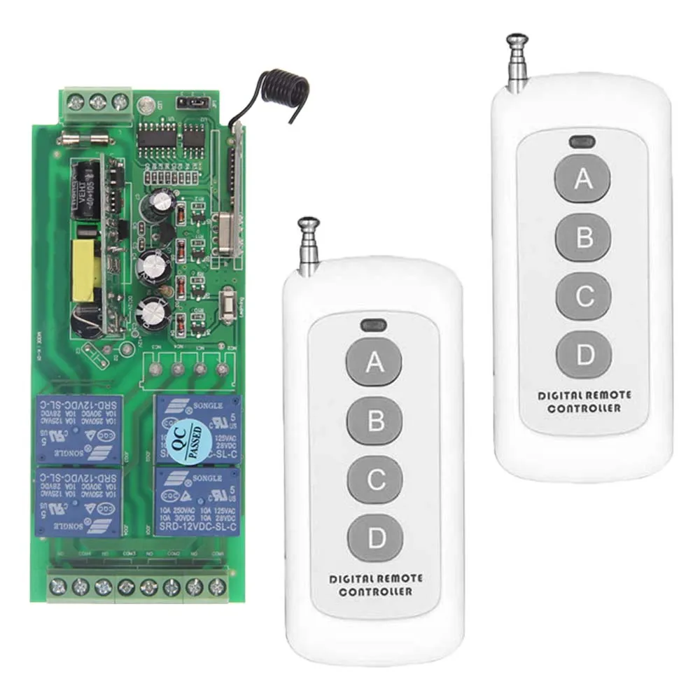 

0-500m AC 85V-265V 110V 220V 230V 4 Channel 4CH RF Wireless Remote Control Switch System Receiver + 2pcs Transmitter, 315 433