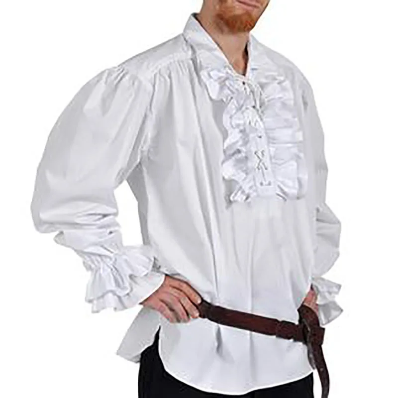 Gothic Medieval Pirate Costume Mens Ruffle Jabot Top Shirt Lacing Up ...