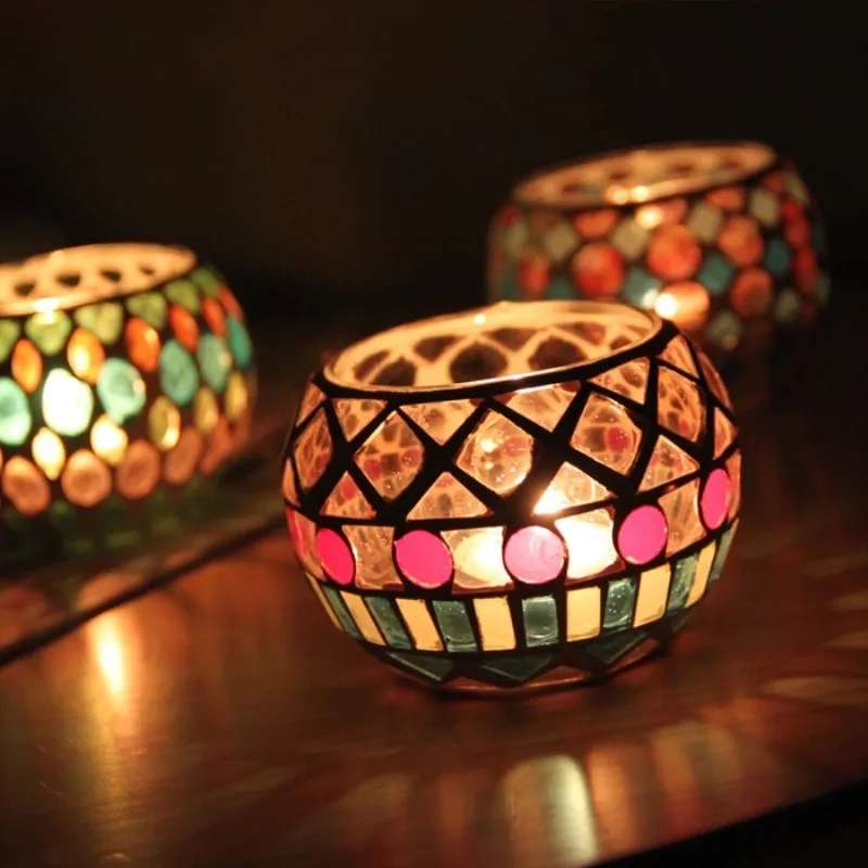 European Coloured Candlestick Mosaic Glass Candle Holders Romantic Candlelight Dinner Restaurant Candle Cup Wedding Decoration 2