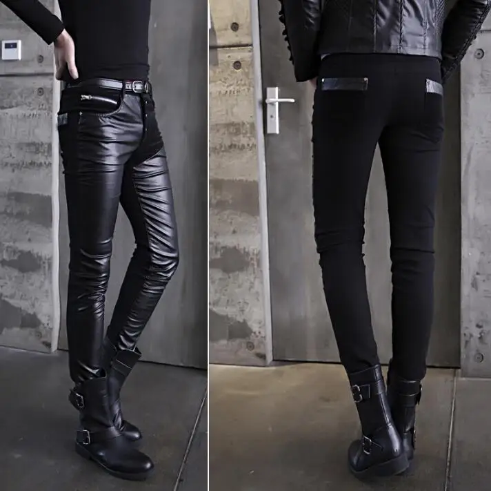 Модные мотоциклетные штаны из искусственной кожи мужские брюки для ног узкие брюки для мужчин pantalon homme черные осенние
