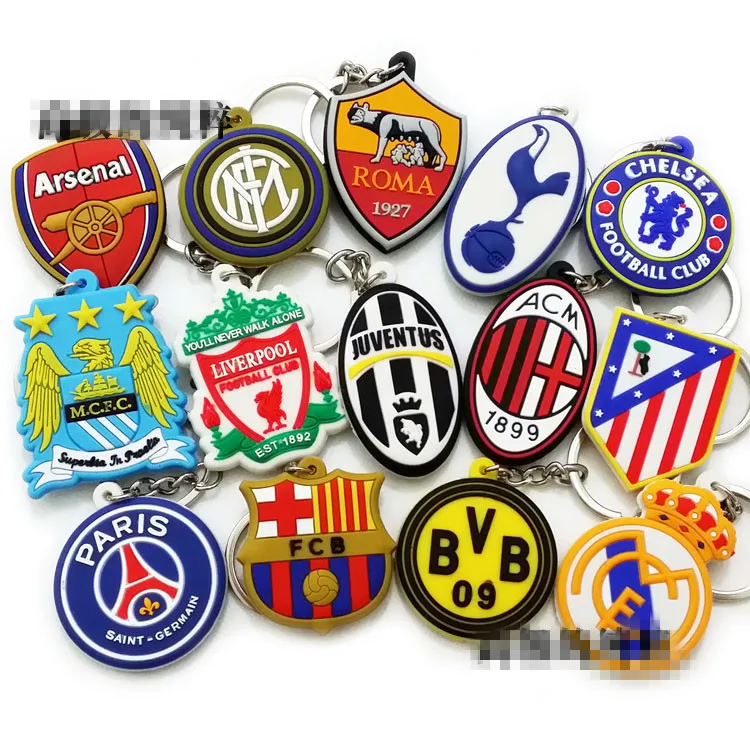 

20pcs/Lot pvc plastic football club Portugal spain Italy Germany Brazil Rome Atletico Dortmund team logo keychain keychains