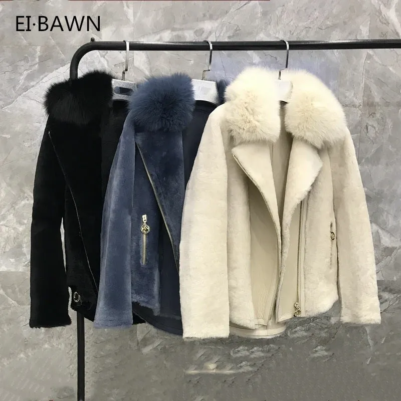 2018 Women Real Fur Coat Jacket Natural Fox Fur Collar Sheep Shearling Jacket Black Short Winter Coat Women Lamb Fur Jacket