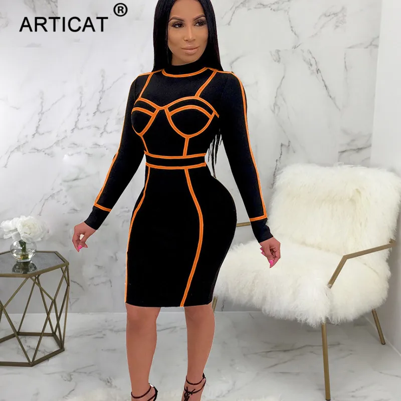 Articat خليط مثير Bodycon اللباس المرأة طويلة الأكمام يا الرقبة نحيل قلم رصاص ضمادة اللباس ملهى ليلي النساء اللباس 2019 Vestidos