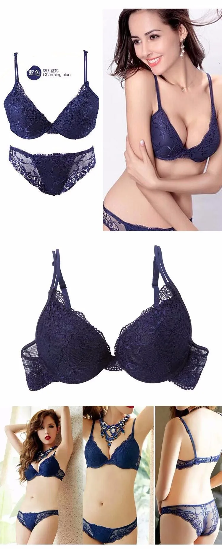 sexy bra panty set Sexy Women Deep V Lace Decro Underwire Bra Set Push Up Solid 32A-38C Bra Outfit womens lingerie sets