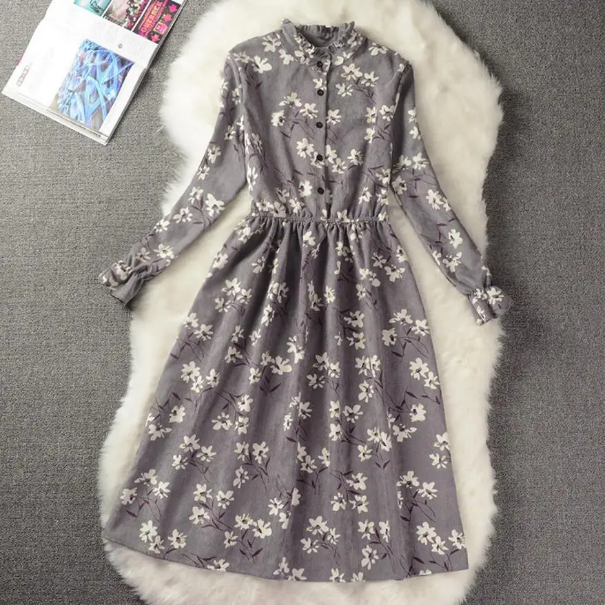 Вельветовое винтажное платье с высокой эластичной резинкой на талии, женское платье трапециевидной формы с длинным рукавом и цветочным