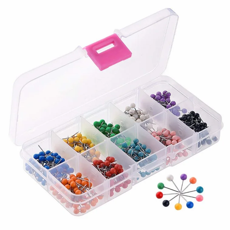 

500 pcs 10 Colors Map Push Pins Push Standard Pins Push Pin Head Steel Needle with Colored Plastic Box Thumb Tack brads