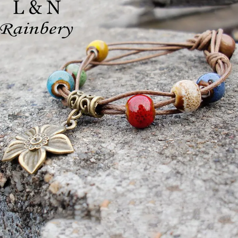Fashion Jewelry Handmade RAINBERY Ceramic Bead Leather Bracelet For Women Men Wholesale Jewelry