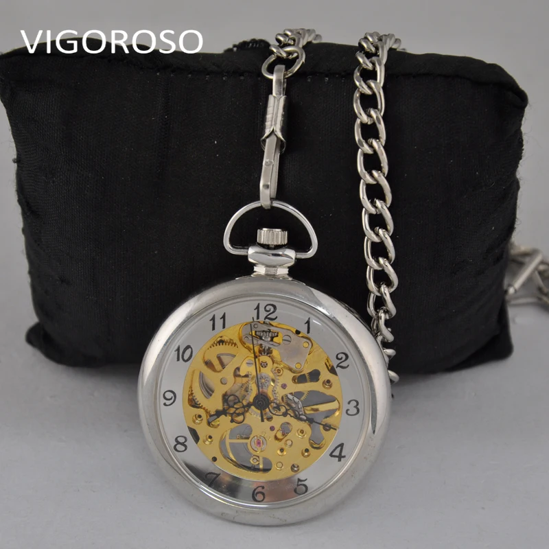 Механические карманные часы из нержавеющей стали, прозрачные часы с открытым лицом, серебро, стимпанк, ветрозащитные часы, брелок, цепочка, часы, подарок, VIGOROSO, бренд