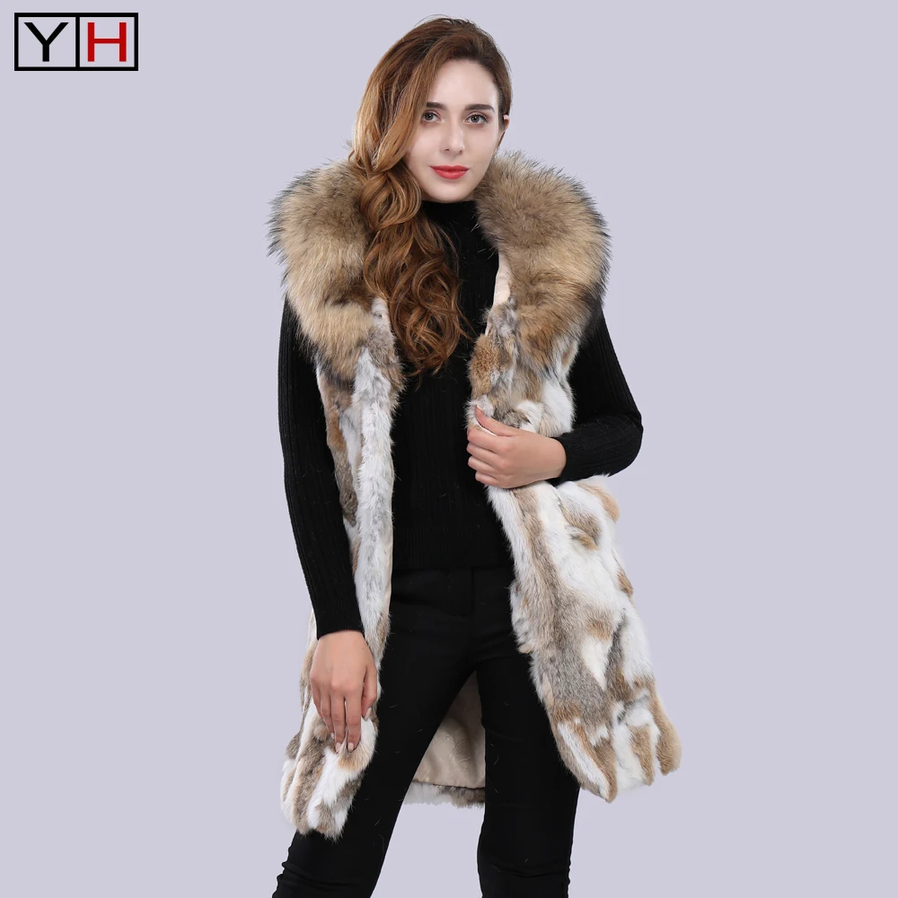 

Hot Sale Lady Real Rabbit Fur Vest Raccoon Collar Women 100%Natural Rabbit Fur Jacket Lady Warm Rabbit Fur Gilet Vest Coat