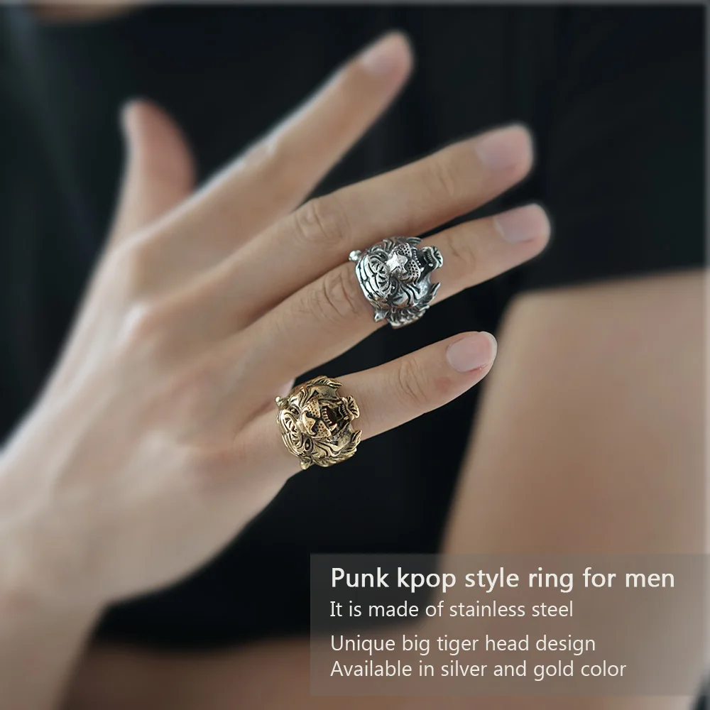 U7 Брендовое мужское кольцо с большим тигром золотого цвета, нержавеющая сталь, черное животное, Ретро Рок панк Kpop, новинка, хит, мужские ювелирные изделия, подарок R1002