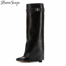 Wedge-Boots Heel Shark-Lock Bigsize Fold-Knee Pointed-Toe Buonoscarpe Black Women Female