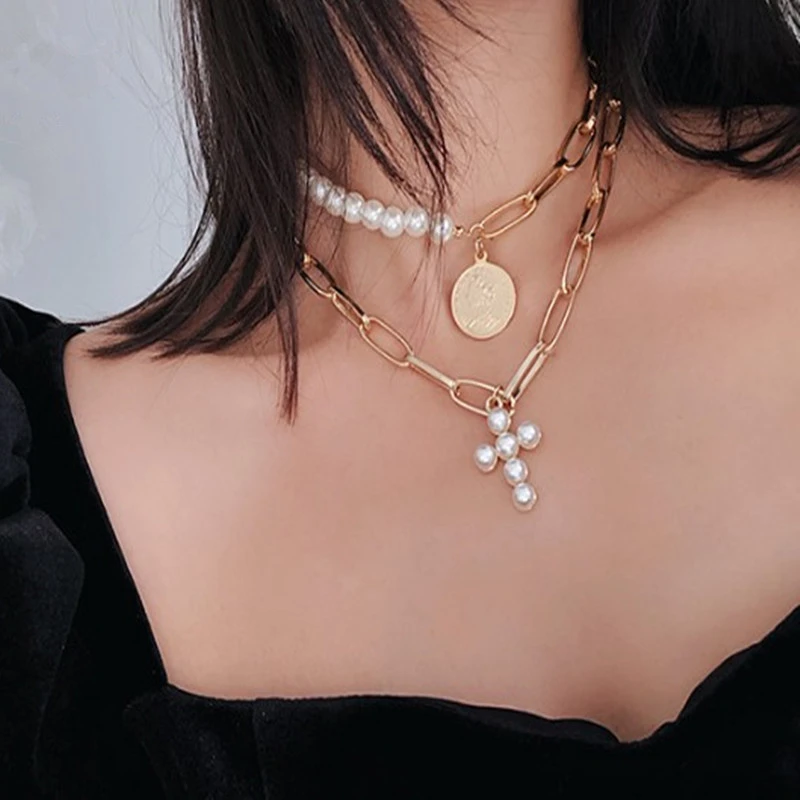 

Luxury Choker Necklace Imitation Pearls Necklace Cross Pendant Necklaces for Women Gold Color MultiLayer Chain Fashion Jewelry 3