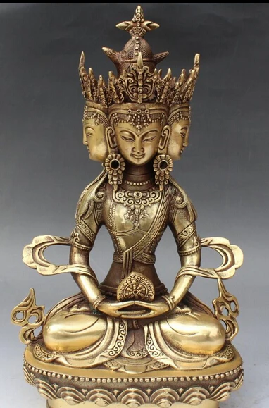 

14" Tibet Tibetan Buddhism 4 Face Amitayus longevity God Goddess Buddha Statue S0706