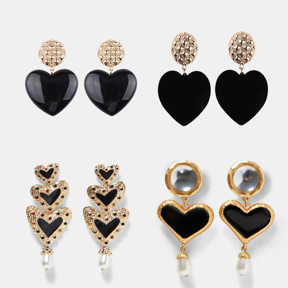 Женские Висячие серьги-капли с черными кристаллами в форме сердца, 32 стиля, ручная работа, серьги-подвески с бусинами, ювелирное изделие
