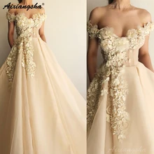 Мусульманские Вечерние платья цвета шампанского с открытыми плечами, с цветами, кружевные, исламские, Дубай, кафтан, саудовская Арабская, длинное вечернее платье, платье для выпускного вечера