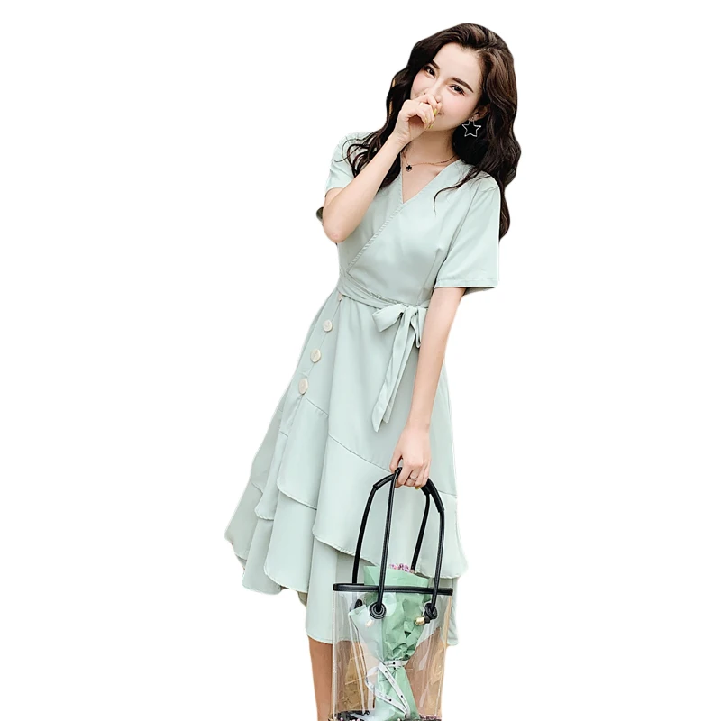 

Women Dress Office Ladies Sexy V Neck Midi Long Dress 2019 Summer New Slim Party Bandage Irregular Ruffles Elegant Vestidos