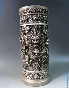 

10" China silver carved nine dragon play bead Exquisite Brush Pot Statue