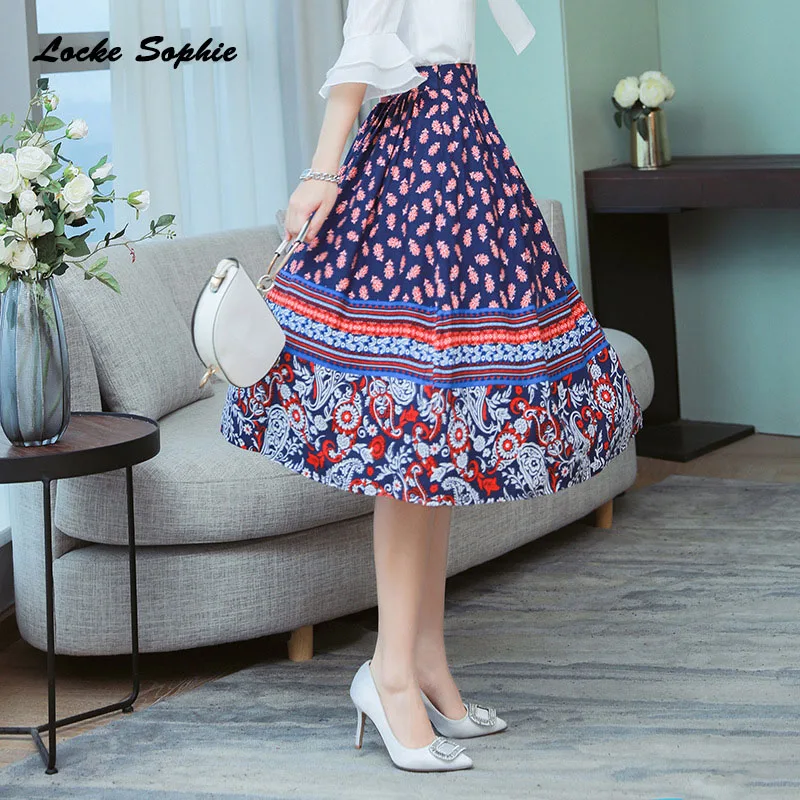 

1pcs Hight waist skirts Womens Plus size A-line skirts 2019 Summer cotton blend prints Broken flowers skirt Ladies Casual skirts