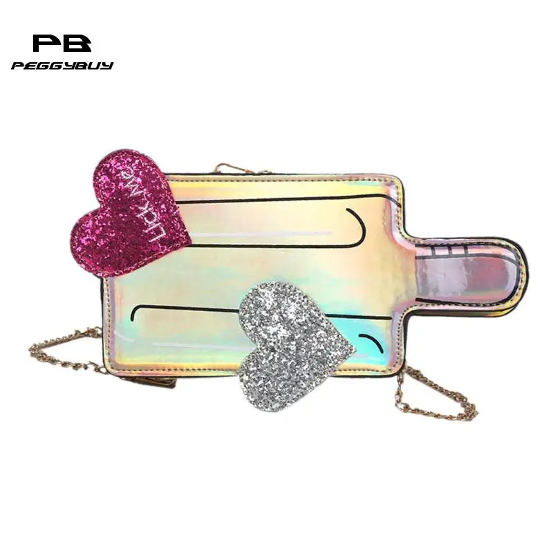 

PU Leather Crossbody Bags for lady Creative Glitter Hologram Zipper Messenger Bags Ice-Lolly Shape Chain Shoulder Bag for Women