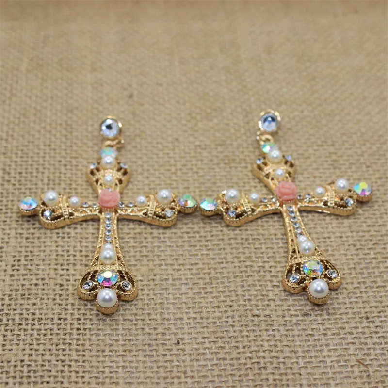 Мода барокко Королева золотой сплав Ретро преувеличенные красочные кристалл жемчуг длинная Корона Большой крест, серьги ювелирные изделия для невесты для женщин