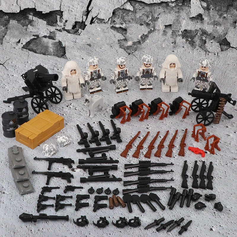 

World War II Snow Camouflage Soldiers Gun Mini Figures Military Weapons Parts Playmobil City Bricks Building Block Original Toys