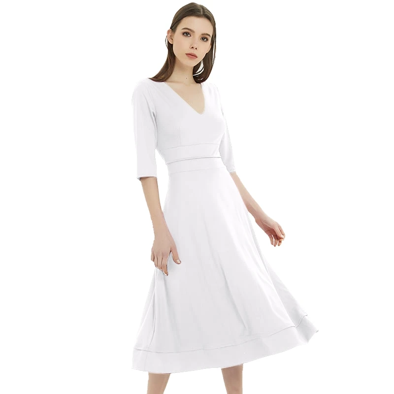 Осенне-зимнее платье женское повседневное винтажное элегантное короткий рукав сексуальный глубокий V бальное платье с круглым вырезом длинное платье плюс размер - Цвет: Белый