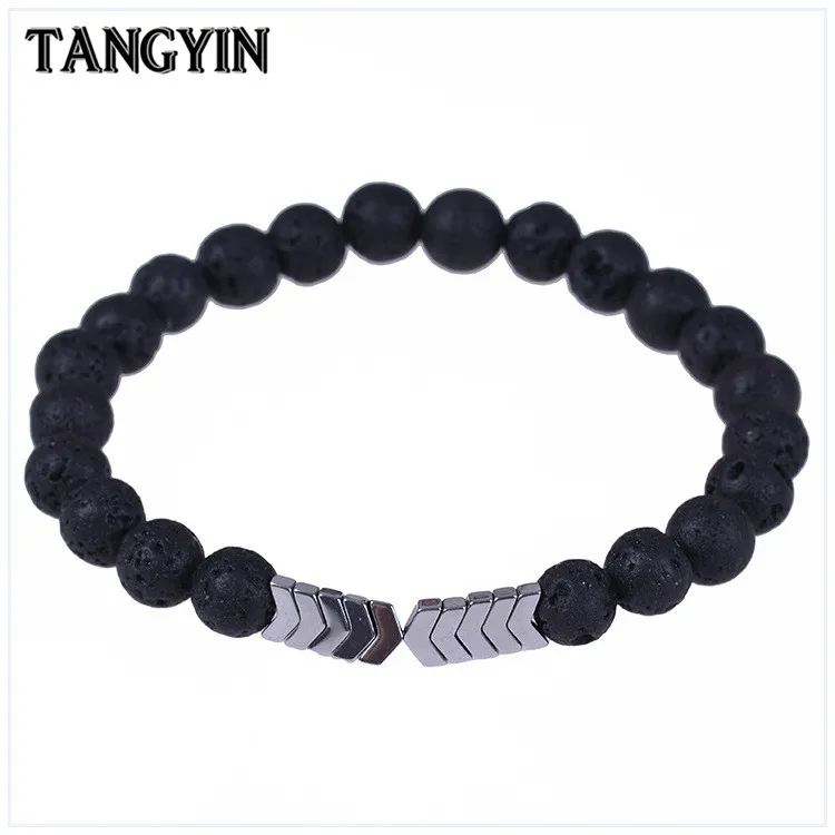 

TANGYIN Trend 8mm Lava Stone Beads Men Bracelet Homme Femme Silver Metal sheets Charm Energy Bracelets For Men And Women Jewelry