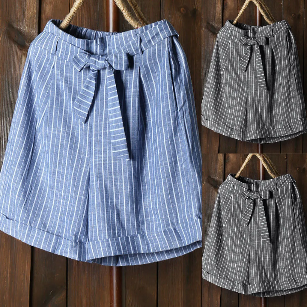 

free shiping shorts Women Stripe High Waist Cotton And Linen Shorts Casual Beach Trousers